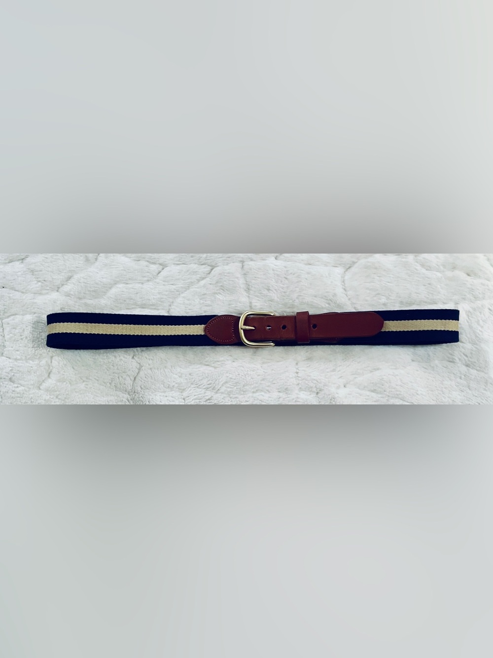 Vintage J. Press Navy and Tan
Striped Surcingle / Ribbon Belt -
Size 36